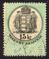 1868 1873 Hungary Croatia Slovakia Vojvodina Serbia Romania Transylvania K.u.k Kuk Revenue Tax Stamp 15 Kr Coat Of Arms - Revenue Stamps