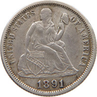 UNITED STATES OF AMERICA DIME 1891 SEATED LIBERTY #t121 0255 - 1837-1891: Seated Liberty