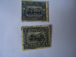 ERITREA ITALY 2 USED STAMPS  1910 MONUMENTS PALACE  15 25 - Eritrée