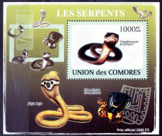The Black Mamba (Dendroaspis Polylepis) Poisonous Snakes, Reptiles, Comoros 2009 MNH MS - Serpents
