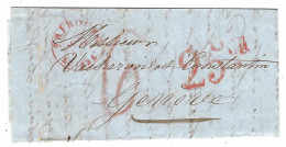 1851- Lettre De FRIBOURG Pour Genova  -  Taxes Crayon Et Tampon 25 CS  - Au Dos, Taxe 25 Crayon Rouge - 1843-1852 Federale & Kantonnale Postzegels