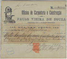 Brazil 1906 Paulo Vieira De Souza's Carpentry & Construction Workshop Rio De Janeiro National Treasury Tax Stamp 300 Rs - Lettres & Documents