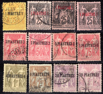 2115.FRANCE LEVANT 1885-1901 #1-8 12 ST. LOT,FIRST 20P/5FR BADLY DAMAGED(TEARED) - Gebraucht