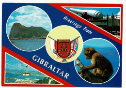 Greetings From Gibraltar - Multivues, 4 Vues & Blason (Cable Care, North West View Of Rock, Rock Ape, 10-Ton Gun Buster) - Gibraltar