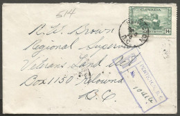 1945 Registered Cover 14c War Tank #259 CDS Penticton BC To Kelowna - Histoire Postale
