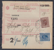 ⁕ Kingdom Of Yugoslavia 1928 ⁕ Parcel Post - Receipt ⁕ 1333 SAVSKI MAROF To Split - Storia Postale