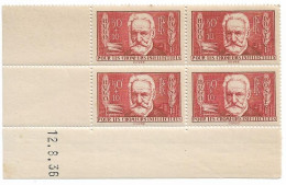 0332. COIN DATE  Bloc De 4 - 12 Août 1936 - N°332 Victor Hugo - NEUF Gomme D'origine - Côte 45eu. - Unused Stamps