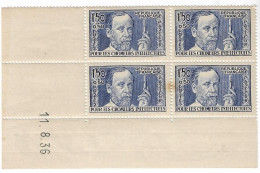 0333. COIN DATE  Bloc De 4 - 11 Août 1936 - N°333 Louis Pasteur - NEUF Gomme D'origine - Côte 275eu. - Unused Stamps