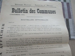 Guerre De 14/18 Grande Affiche 32 X 48 Environs Préfecture De L'Hérault Nouvelles Officielles Du Front Soir  2/11/1914 - Documenten