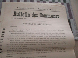Guerre De 14/18 Grande Affiche 32 X 48 Environs Préfecture De L'Hérault Nouvelles Officielles Du Front 13 Et 14/11/1914 - Documenti