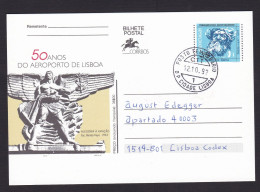 Portugal: Stationery Illustrated Postcard, 1992, Airport, Aviation History, Transport (traces Of Use) - Cartas & Documentos