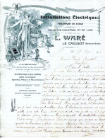 FACTURE.71.LE CREUSOT.INSTALATIONS ELECTRIQUES.ECLAIRAGE DE LUXE & INDUSTRIEL.L.WARÈ.ART NOUVEAU. - Elektrizität & Gas