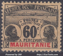 TIMBRE MAURITANIE TAXE 60c NOIR SUR CHAMOIS N° 15 NEUF * GOMME AVEC CHARNIERE - Neufs