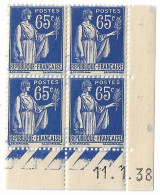 0365. COIN DATE Bloc De 4 - 11 Janvier 1938 - N°365 Paix à 65Cts Outremer Ty. I - NEUF Gomme D'origine - Côte 7eu. - Unused Stamps