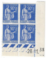 0368. COIN DATE Bloc De 4 - 28 Novembre 1938 - N°368 Paix à 90Cts Outremer Type I - NEUF Gomme D'origine - Côte 14eu. - Ungebraucht