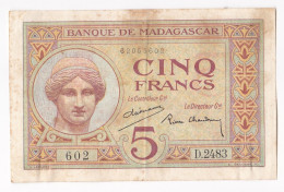 Banque De Madagascar, 5 Francs ND  1926 - 1937 , Alphabet D.2483 , Numéro 602 - Madagaskar