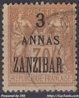 TIMBRE ZANZIBAR SAGE SURCHARGE 3 ANNAS N° 25 OBLITERATION TRES LEGERE - Used Stamps