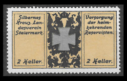 WW1 GERMANY AUSTRIA Vignette CINDERELLA 2 HELLER K.u.K Österreich Silbernes Kreuz Landesverein Steiermark Spendemarke - Militaria