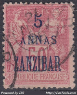 TIMBRE ZANZIBAR SAGE 50c ROSE SURCHARGE 5 ANNAS N° 28 OBLITERATION LEGERE - Usati