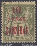 TIMBRE ZANZIBAR SAGE 1F OLIVE SURCHARGE 10 ANNAS N° 29 OBLITERATION LEGERE - Gebruikt