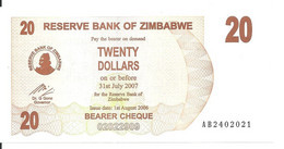 ZIMBABWE 20 DOLLARS 2006 UNC P 40  BEARER CHEQUE - Zimbabwe