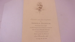 WWI FAIRE PART DECES ADRIEN DUFOUR MARECAL LOGIS AU 5OO EME REGIMENT D ARTILLERIE D ASSAUT - 1914-18