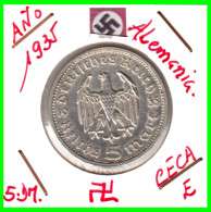GERMANY - ALEMANIA DEUTFCHES REICH  MONEDA DE 5.00 REICHSMARK AÑO 1935-E DE PLATA - 29 MM.  HINDENBURG –AGUILA  CECA-E - 5 Reichsmark
