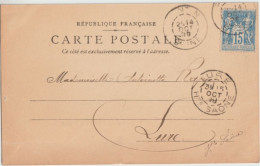 1899 - SAGE 15c Sur CARTE POSTALE ! De PANTIN => LURE - 1876-1898 Sage (Type II)