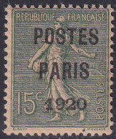 France Préoblitérés N°25 15c Semeuse Lignée Postes Paris 1920 Qualité:** - 1893-1947