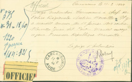 Guerre 40 Télégramme Officiel Mandat Amener Espagnol Réfugié ? Résistant Carcassonne 1944 Cachet Tribunal 1ère Instance - 2. Weltkrieg 1939-1945