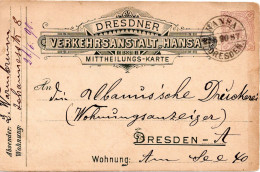 71740 - Deutsches Reich / Privatpost / Dresden - 1890 - 3Pfg GAKte HANSA DRESDEN - Privatpost