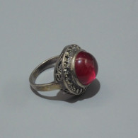 -BELLE ANCIENNE BAGUE ARGENT 925° MARCASSITES & Pierre/Cristal  Rouge BIJOU   E - Anelli