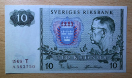 Sweden 10 Kronor 1966，pick 56b，First Prefix "A" GEM UNC Condition - Svezia