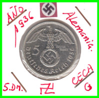 GERMANY ALEMANIA DEUTFCHES REICH  MONEDA DE 5.00 REICHSMARK AÑO 1936-CECA-G  PLATA - 29 MM.HINDENBURG AGUILA Y ESBALTICA - 5 Reichsmark