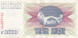 Bosnia And Herzegovina, Replacement Banknote Very Rare With Prefix RE 16009752, 1000 Dinara, 1992 - Bosnia And Herzegovina