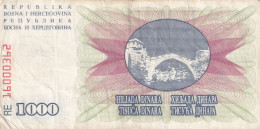 Bosnia And Herzegovina, Replacement Banknote Very Rare With Prefix RE 16000362, 1000 Dinara, 1992 - Bosnie-Herzegovine
