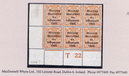 Ireland 1922 (July) Thom Rialtas 5-line Overprint In Blue-black On 2d Orange Die 2,  Control T22 Perf Corner Block Of 6 - Ungebraucht