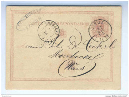 Entier Postal 5 C Chiffre LIEGE Vers Cachet Double Cercle MOERBEKE 1876   --  HH/046 - Cartoline 1871-1909