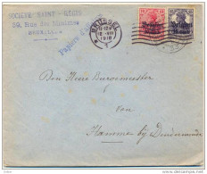 _KV909: Omslag 150x120mm:  BZ14+16 Belgien:  BRUSSEL 12.VIII 1918 +etappenstempel  *33a...> Hamme - OC26/37 Territoire Des Etapes