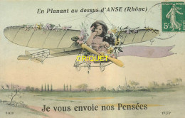 69 Anse, Ancienne Fantaisie, En Planant, Nos Pensées ..., Fillette Dans Un Aéroplane, Carte Pas Courante - Anse