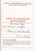 Carte De Vaccination Antitétanique, 1989, Hopital De Bernay - Ohne Zuordnung