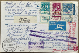 ISRAEL TO JAPAN 1993, CARD COVER USED, RETURN TO SENDER, JAPAN & FRENCH LANGUAGE, 3 STAMP WITH TAB, HAIFA & SENDAI MIYAG - Lettres & Documents