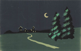 ARTS - Tableau Et Peinture - Un Village Dans La Nuit - 2 Sapins - Clair De Lune - Carte Postale Ancienne - Malerei & Gemälde