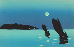 ARTS - Tableau Et Peinture - Des Bateaux De Pêche Voaguant La Nuit - Pleine Lune - Île - Carte Postale Ancienne - Pintura & Cuadros