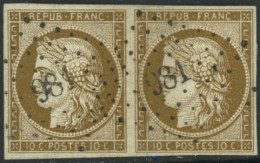 Obl. N°1 10c Bistre, Paire Obl PC Signé Brun, Jolie Pièce - TB - 1849-1850 Cérès