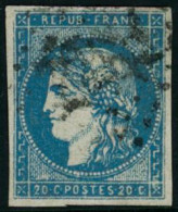 Obl. N°44A 20c Bleu Type R1, Signé Brun - TB - 1870 Bordeaux Printing
