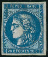 * N°46B 20c Bleu, Type III R2 , Innfime Trâce De Charnière - TB - 1870 Emission De Bordeaux