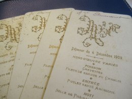 4  Menus Anciens Gaufrés / Déjeuner Du 4 Décembre 1909 /Driancourt, Rentiez / 1909     MENU327 - Menus