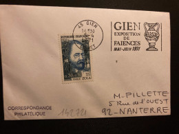 LETTRE TP EMILE ZOLA 0,30+0,10 OBL.MEC.5-4 1971 45 GIEN EXPOSITION DE FAIENCES MAI-JUIN 1971 - Porselein