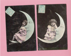 XB1119  JEUNE FILLE  FILLETTE , ENFANT, GIRL , SET OF 2 PHOTO FANTASY FAMOUS LITTLE TRAUT GIRL ON THE MOON RPPC - Ritratti